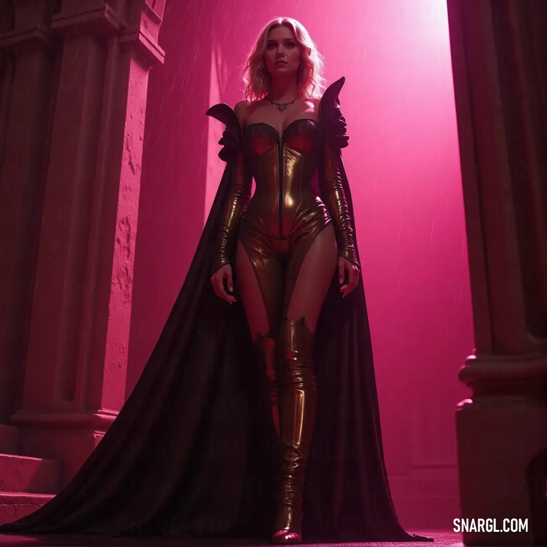 A woman dressed in a lavish costume, surrounded by grand columns, stands near a doorway illuminated with pink light, embodying the perfect blend of fantasy and allure.