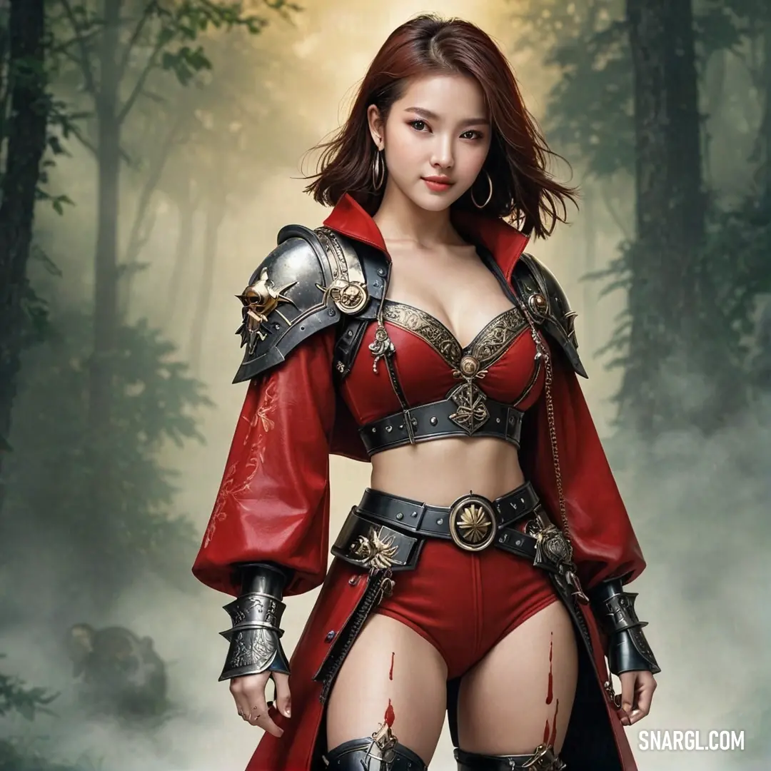 A fierce woman clad in a stunning red outfit stands confidently in a sun-dappled forest, gripping a sword with determination. The earthy tones of CMYK 0,84,90,33 blend beautifully with the vibrant colors of her outfit, creating an empowering scene.