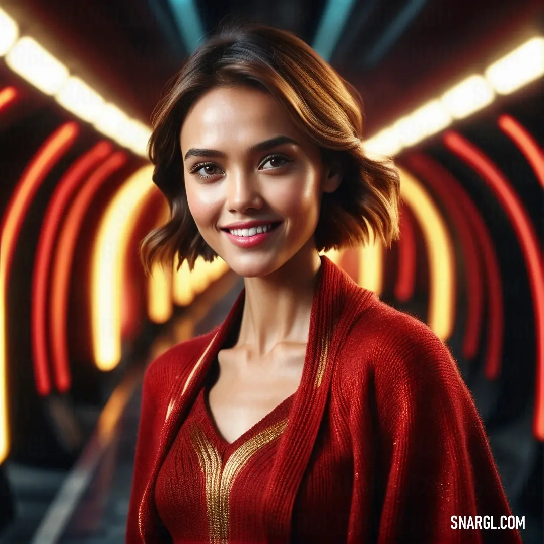 NCS S 3060-Y80R color. Woman in a red sweater is smiling for a picture in a tunnel with neon lights behind her