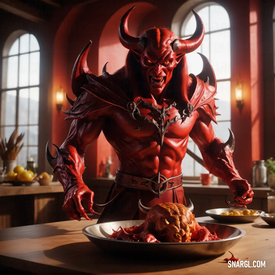 Demonic looking man standing over a plate of food on a table in a room with large windows. Color RGB 155,36,40.
