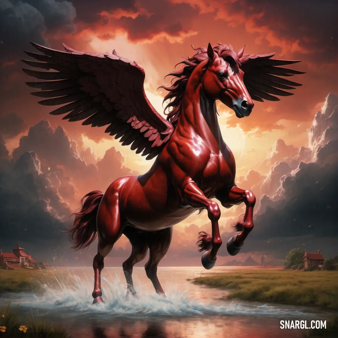 Horse with wings is standing in the water with a sunset behind it and clouds in the sky above. Example of NCS S 3060-Y90R color.