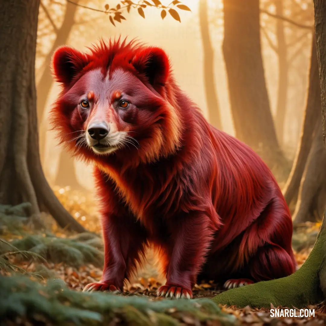 NCS S 3060-Y90R color example: Red bear in the middle of a forest with trees and leaves on the ground and a sun shining through the trees