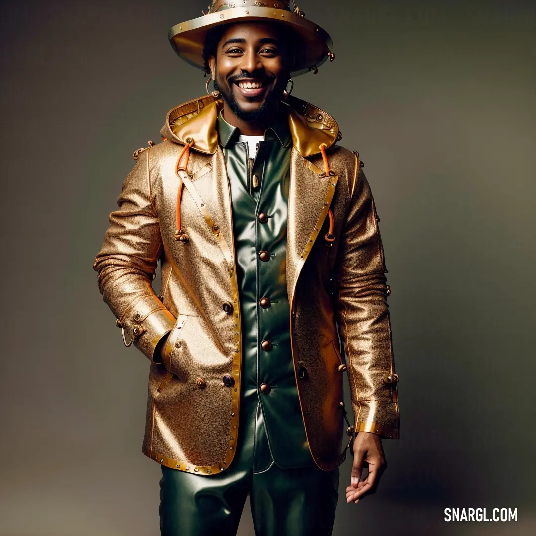 Man in a gold jacket and hat posing for a picture with his hands in his pockets and his jacket folded over his chest