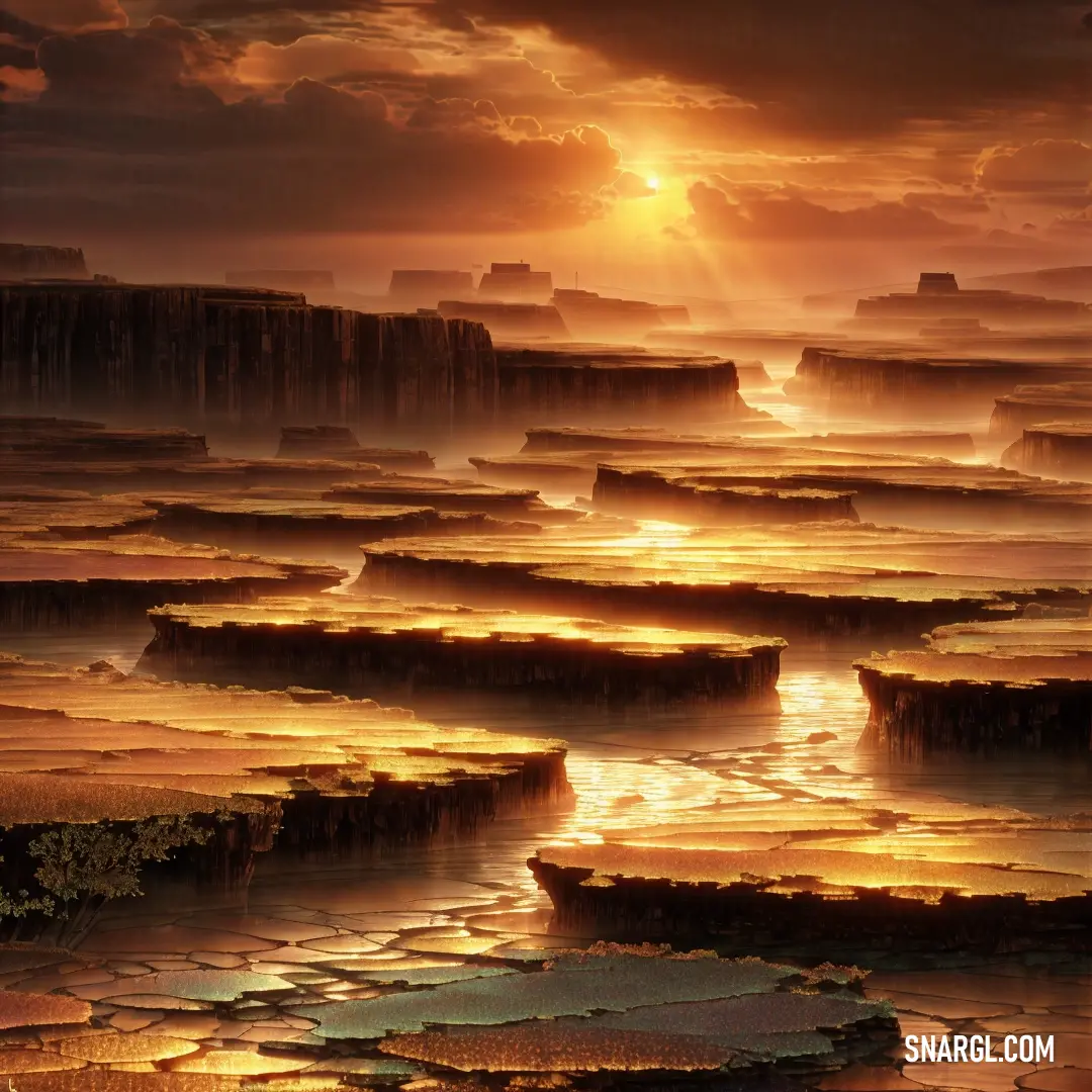 NCS S 3065-Y20R color example: Painting of a sunset over a body of water with a large rock formation in the background