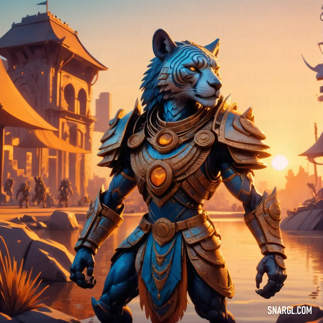 Stylized image of a cat in armor standing in front of a lake at sunset or sunrise time with a building in the background