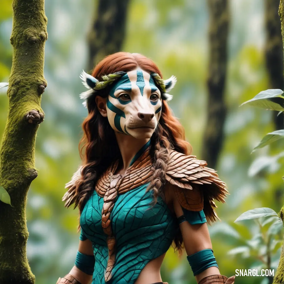 NCS S 3065-Y20R color. Woman in a costume standing in the woods with a horse mask on her head and a deer mask on her face