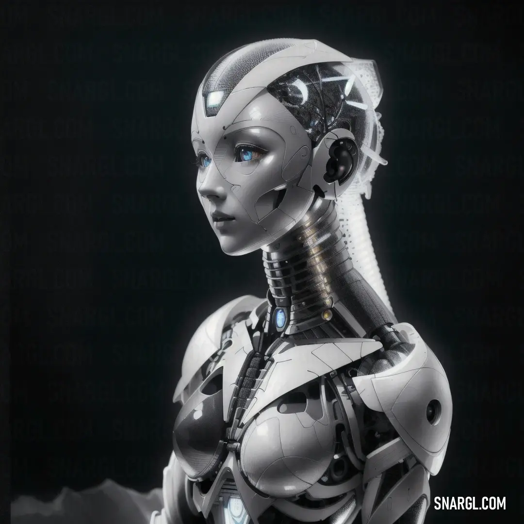 NCS S 3502-B color. Robot woman with a futuristic look on her face and chest, standing in front of a black background