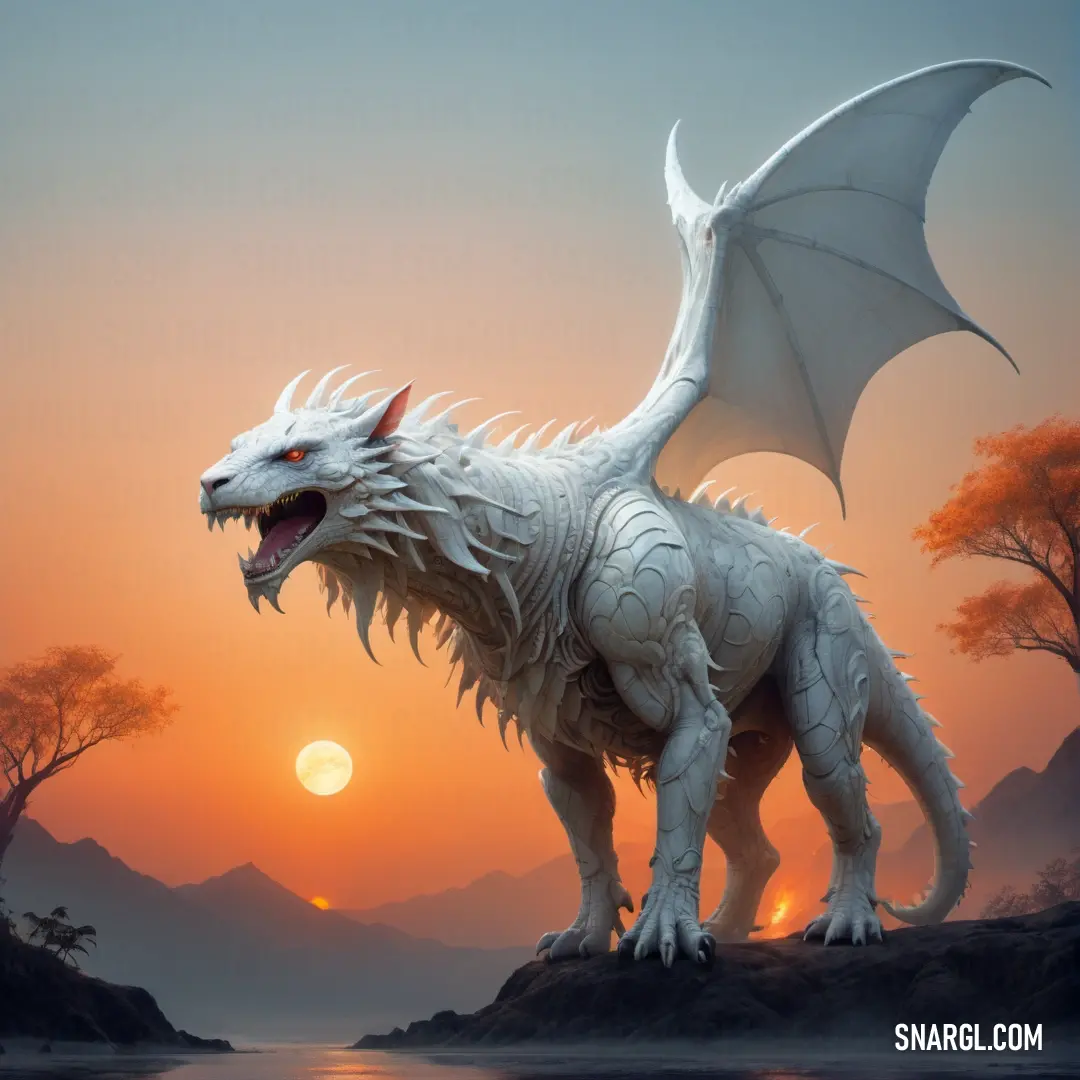 NCS S 3502-B color. White dragon standing on a rock in front of a sunset with a lake and trees in the background