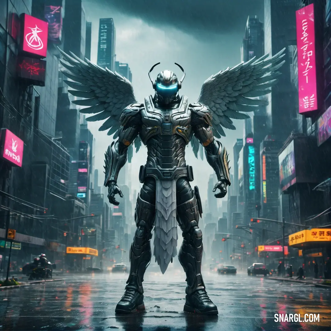 Man in a futuristic suit with wings standing in the rain in a city with neon signs and buildings. Example of CMYK 5,0,8,47 color.
