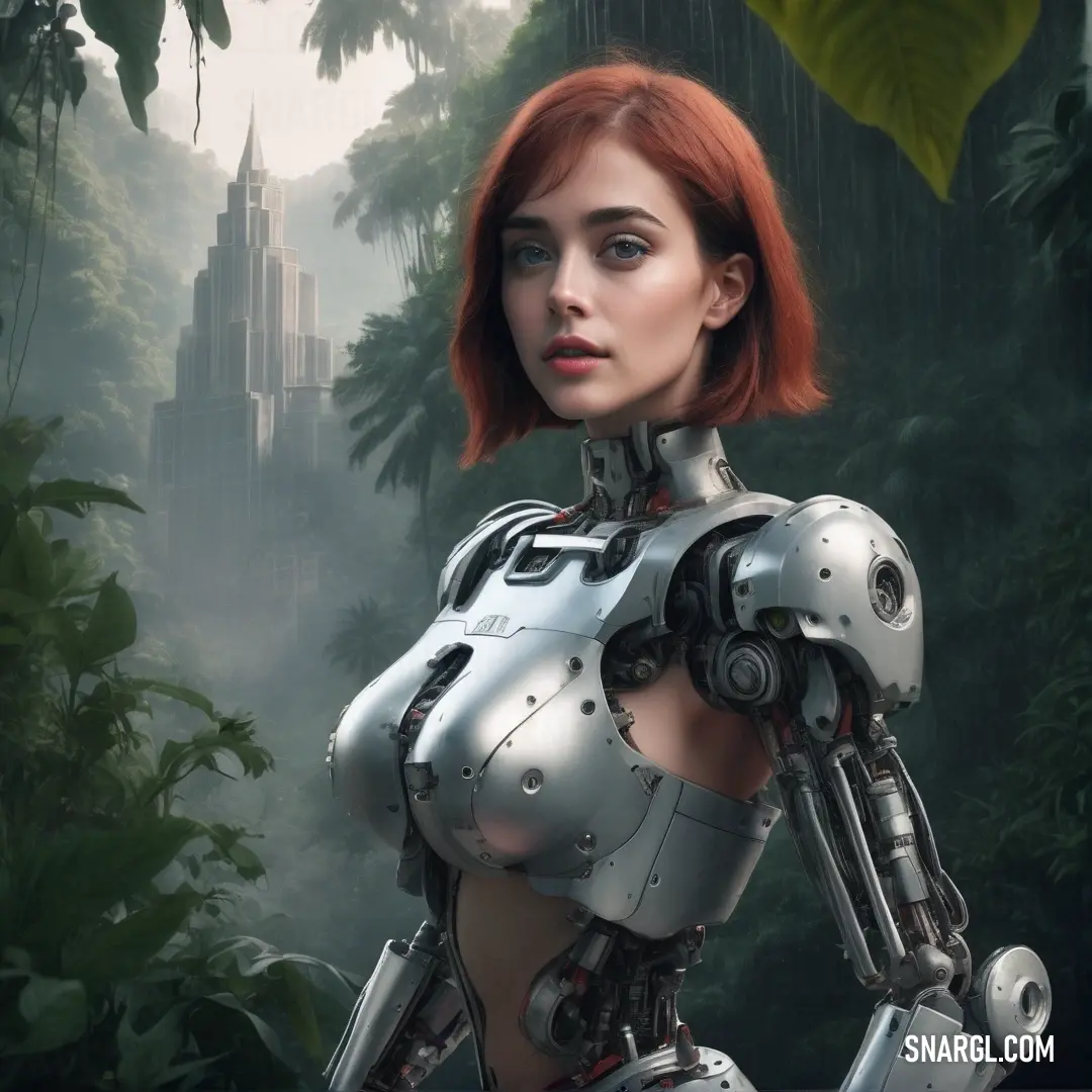 Woman in a futuristic suit standing in a forest with a castle in the background. Color CMYK 5,0,8,47.