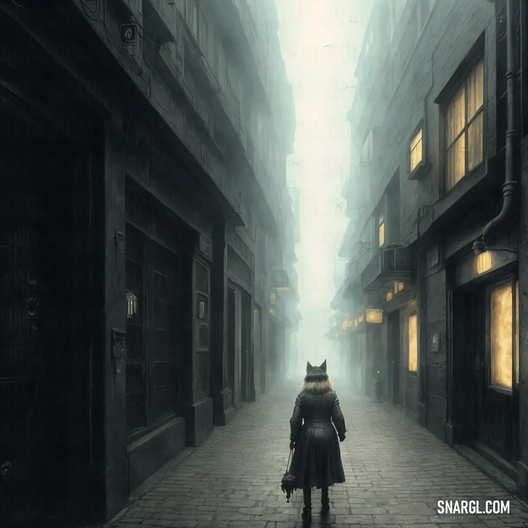 Person walking down a street in a dark alley way with a cat on his head. Example of #9A9B92 color.