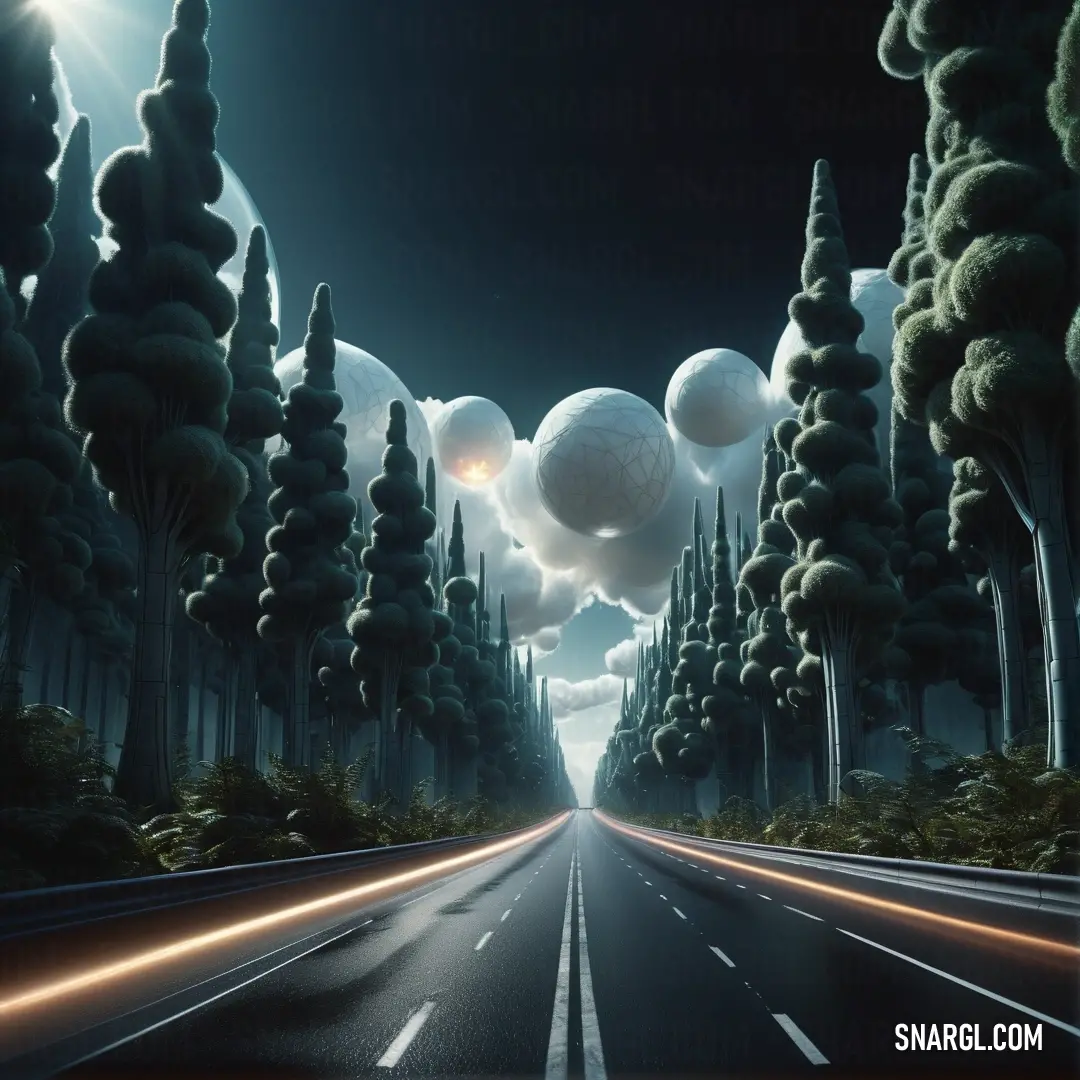 Road with trees and a sky filled with clouds and balls of light at night time with a full moon. Example of #9A9B92 color.