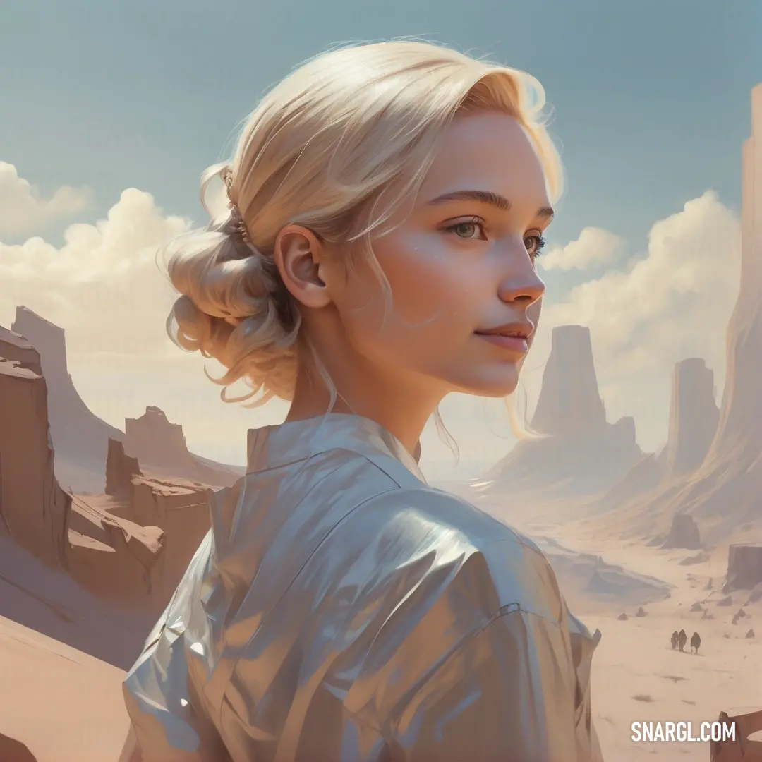 NCS S 3502-Y color example: Woman with blonde hair and a bun in a desert landscape with rocks and a mountain in the background