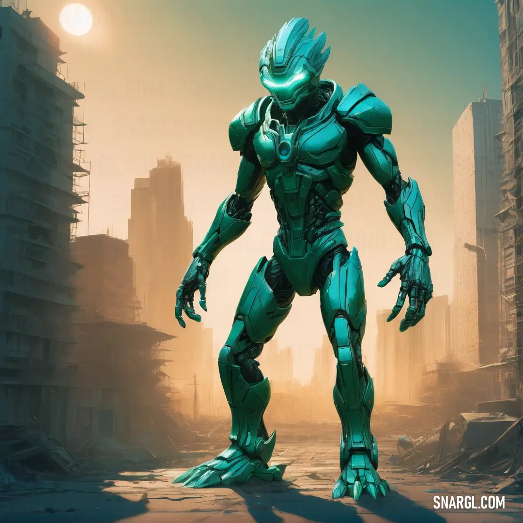 NCS S 3555-B60G color. Robot standing in a city with a giant city in the background