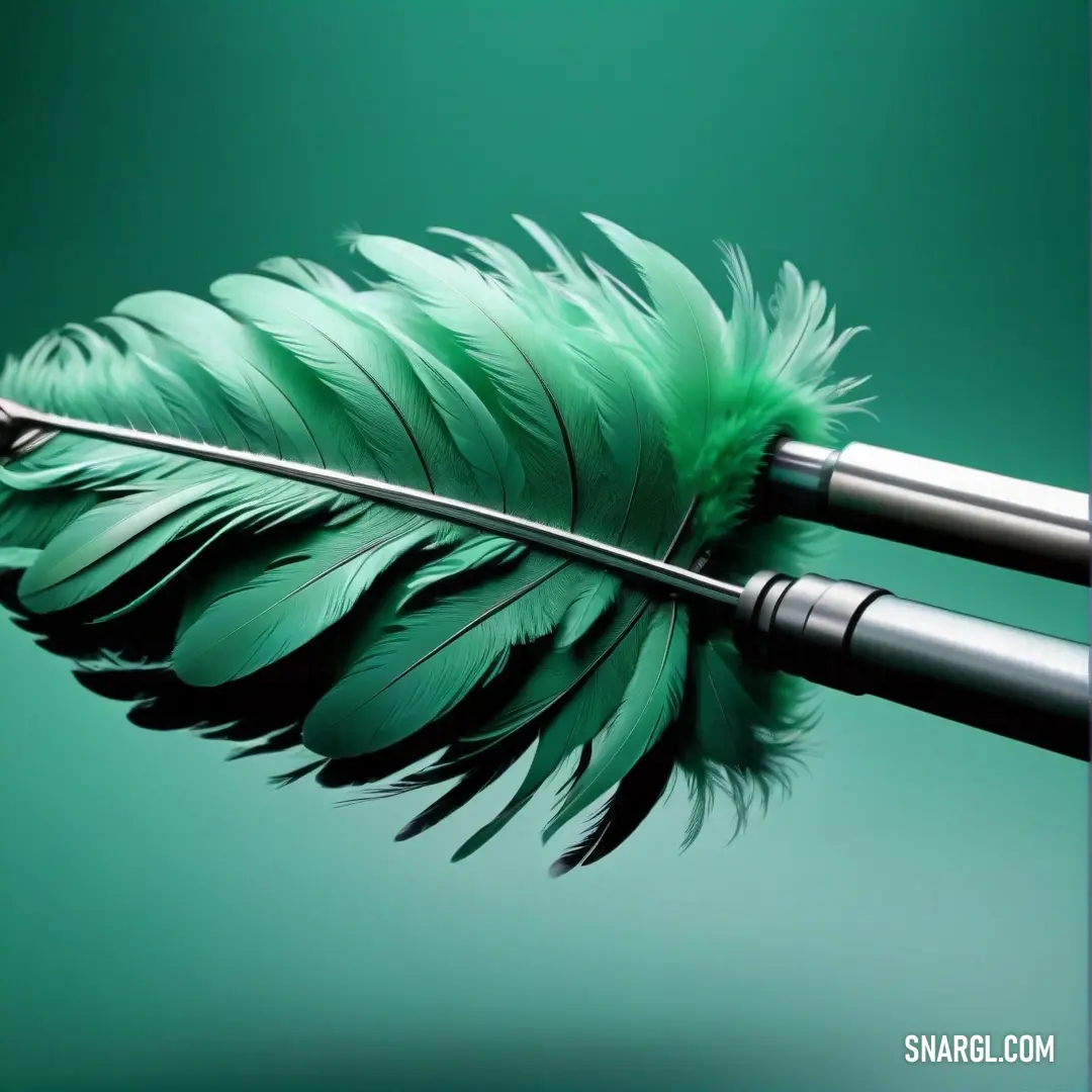 Green feather is attached to a metal pole with a green background. Example of RGB 0,117,88 color.