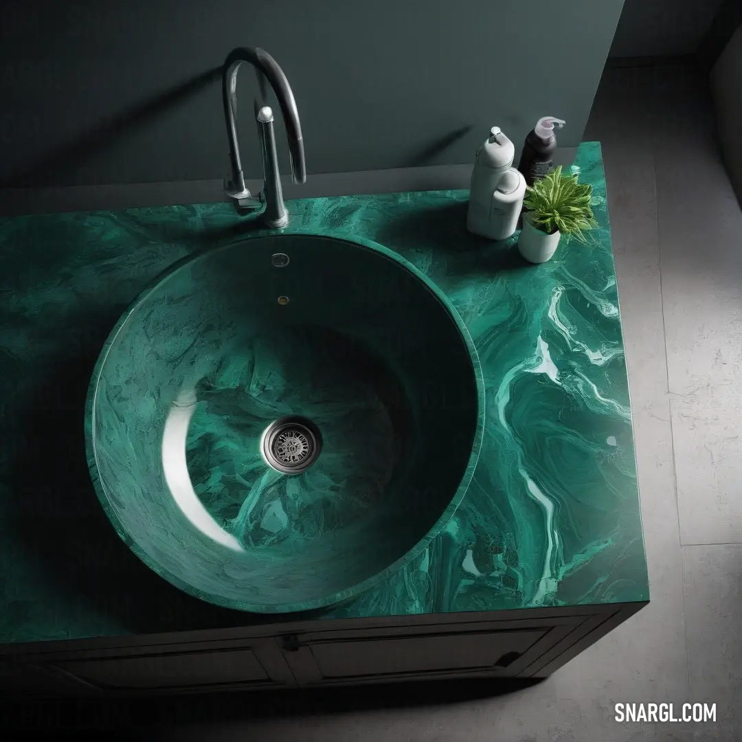 Green sink with a marble counter top and a green counter top with a green marble sink. Color RGB 0,117,88.