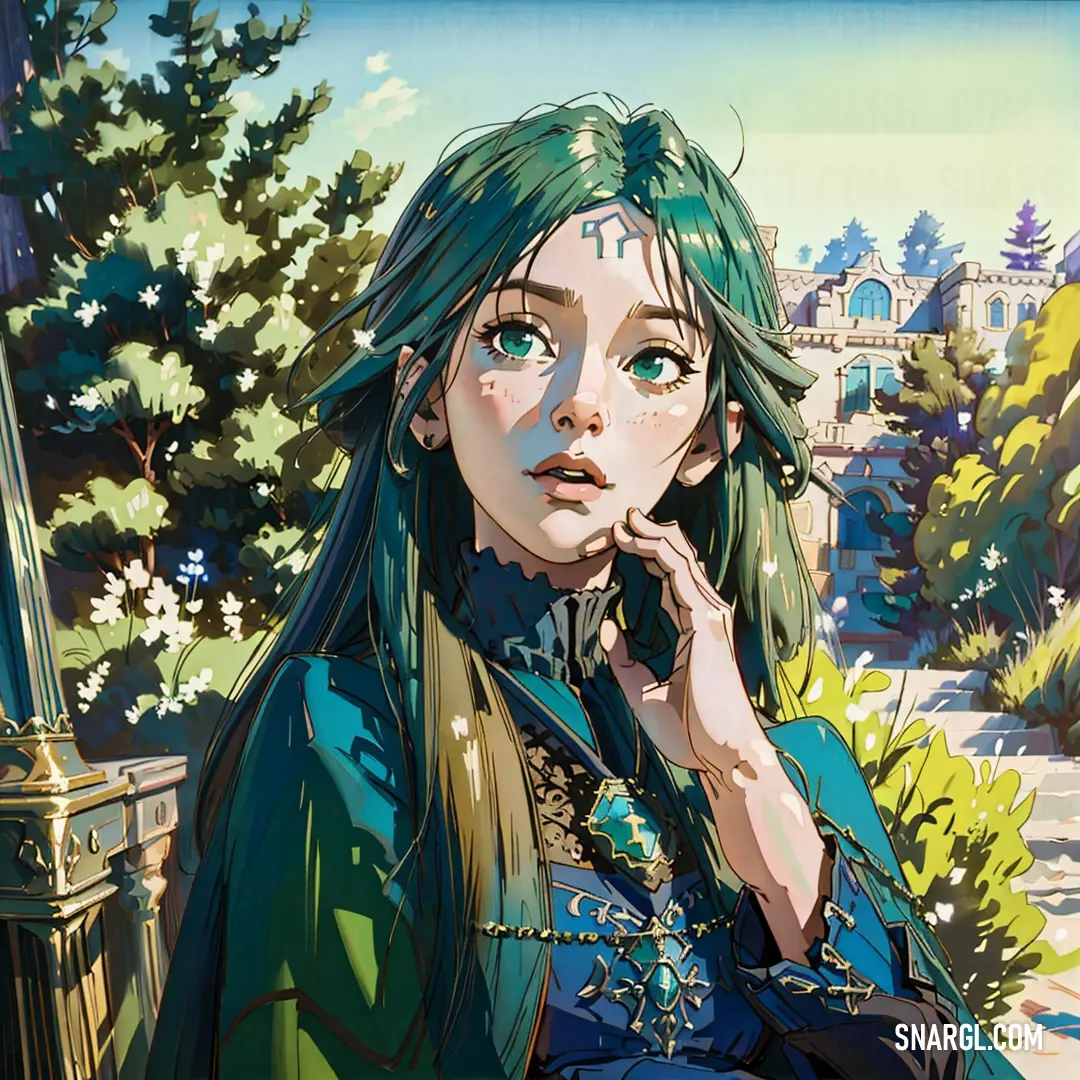 Woman with green hair is on a bench and looking up at the sky with a tree in the background. Example of CMYK 100,0,70,35 color.