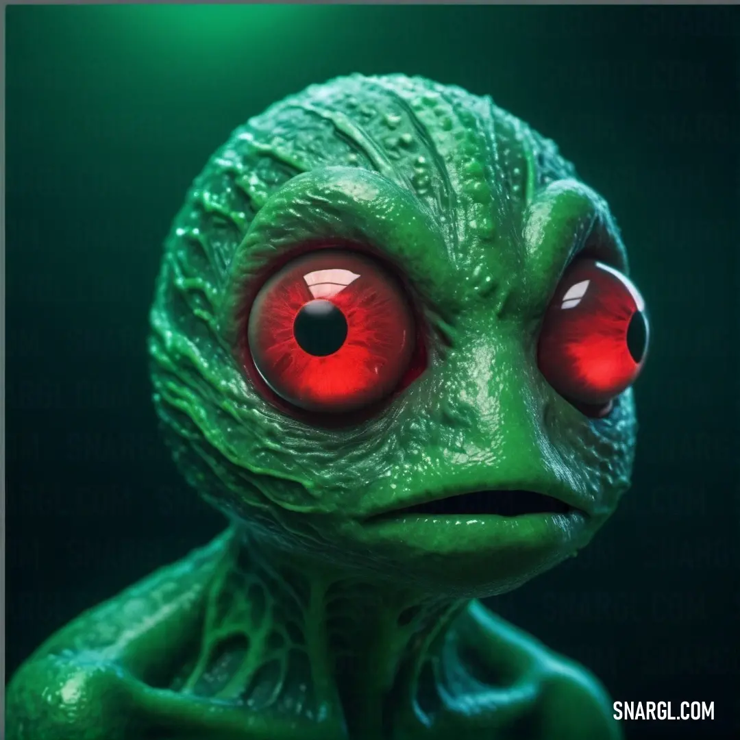 NCS S 3560-G color example: Close up of a green alien with red eyes and a green body with a black background