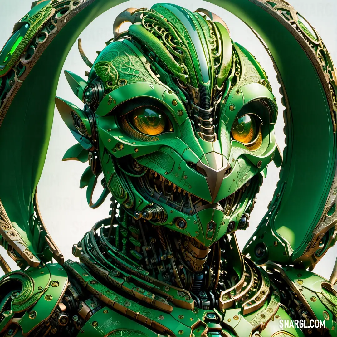 Green alien like creature with a circular headpiece and large yellow eyes and horns on its face and body. Color RGB 0,114,62.