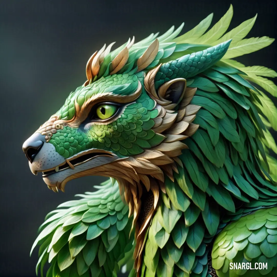 Green dragon statue with a black background. Color #006331.