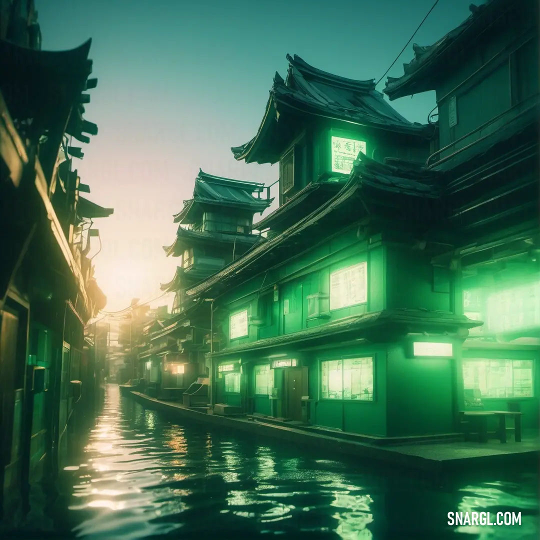 Street with a row of buildings and a river running through it at night time with the sun setting. Example of #006331 color.