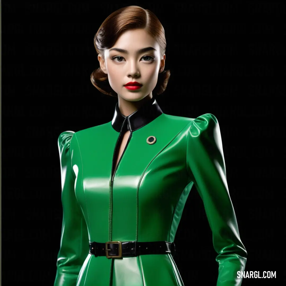 NCS S 3560-G10Y color. Woman in a green suit with a black collar and black belted shirt and black pants