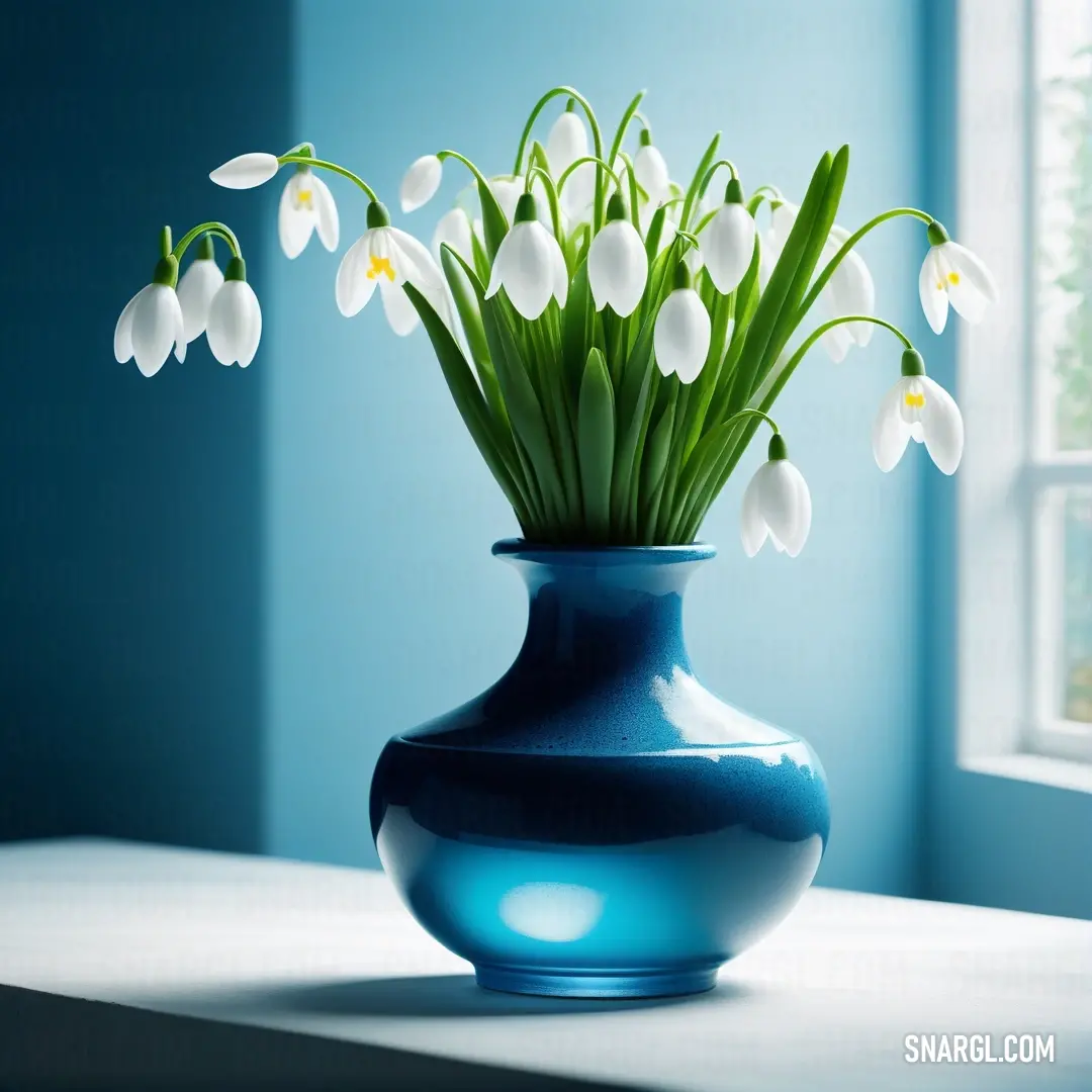 Blue vase with white flowers in it on a table next to a window sill with a blue wall. Example of NCS S 3560-G30Y color.