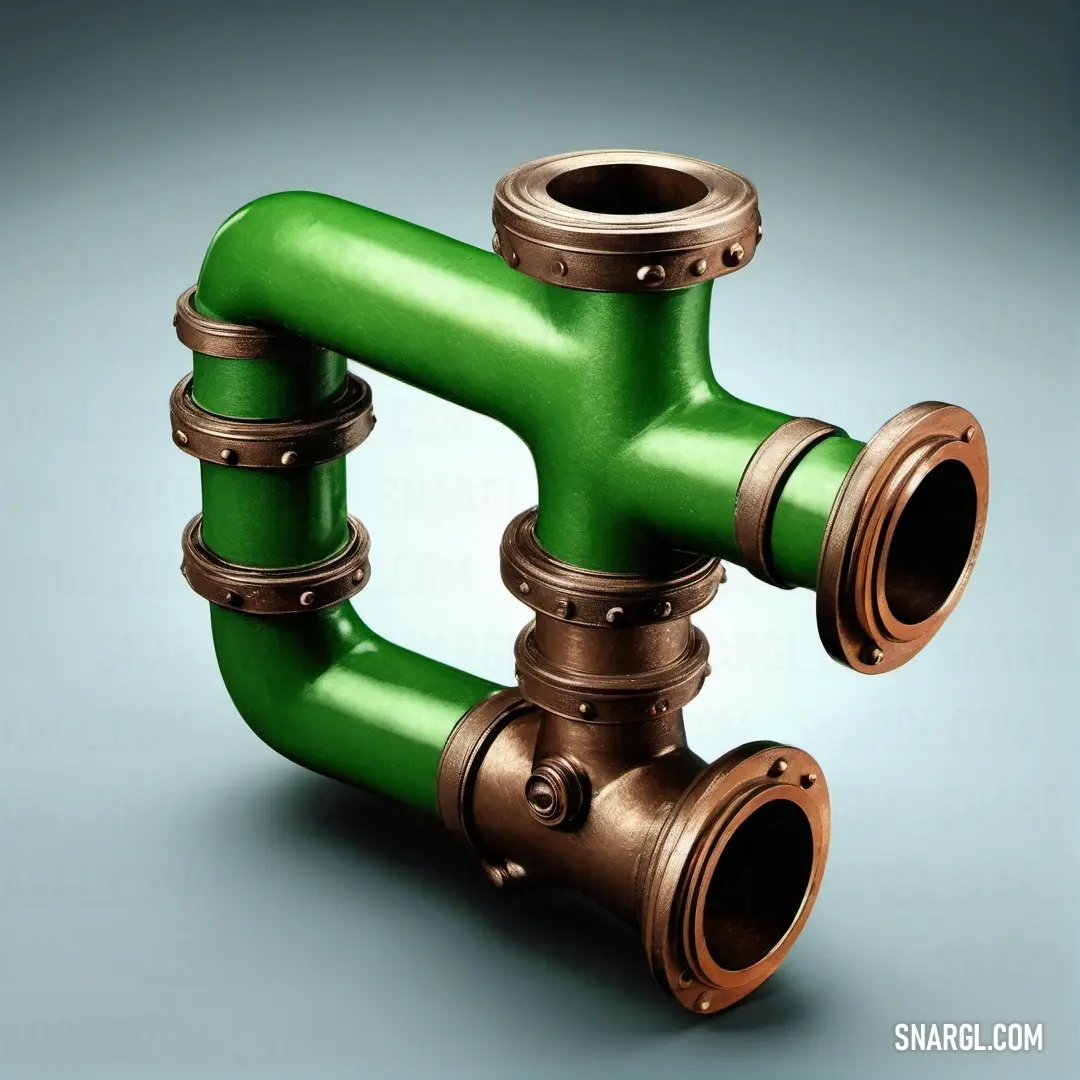 Green pipe with two valves attached to it's sides and a brown pipe. Example of #016C00 color.