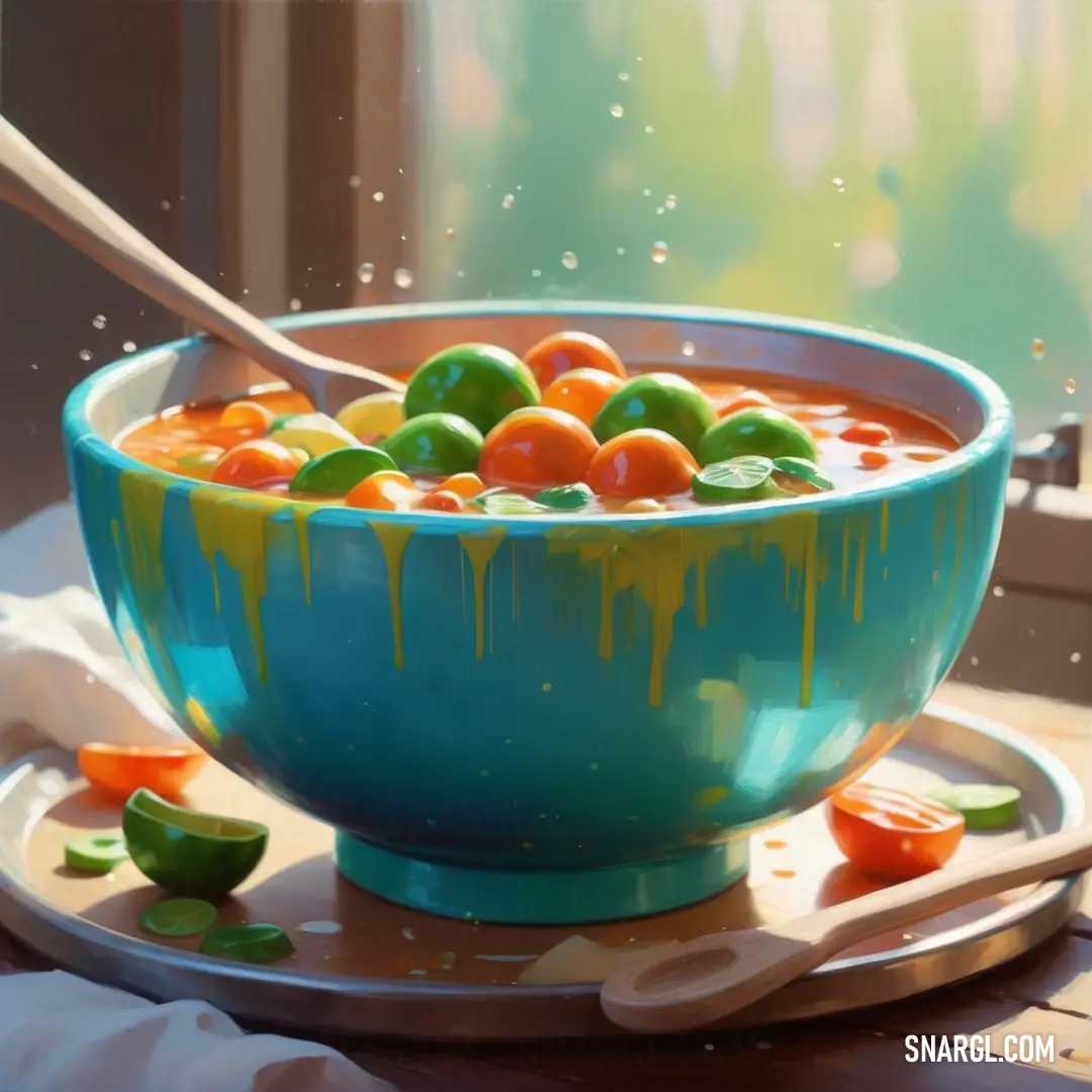 NCS S 3560-G30Y color. Painting of a bowl of soup with a spoon in it and a spoon in the bowl