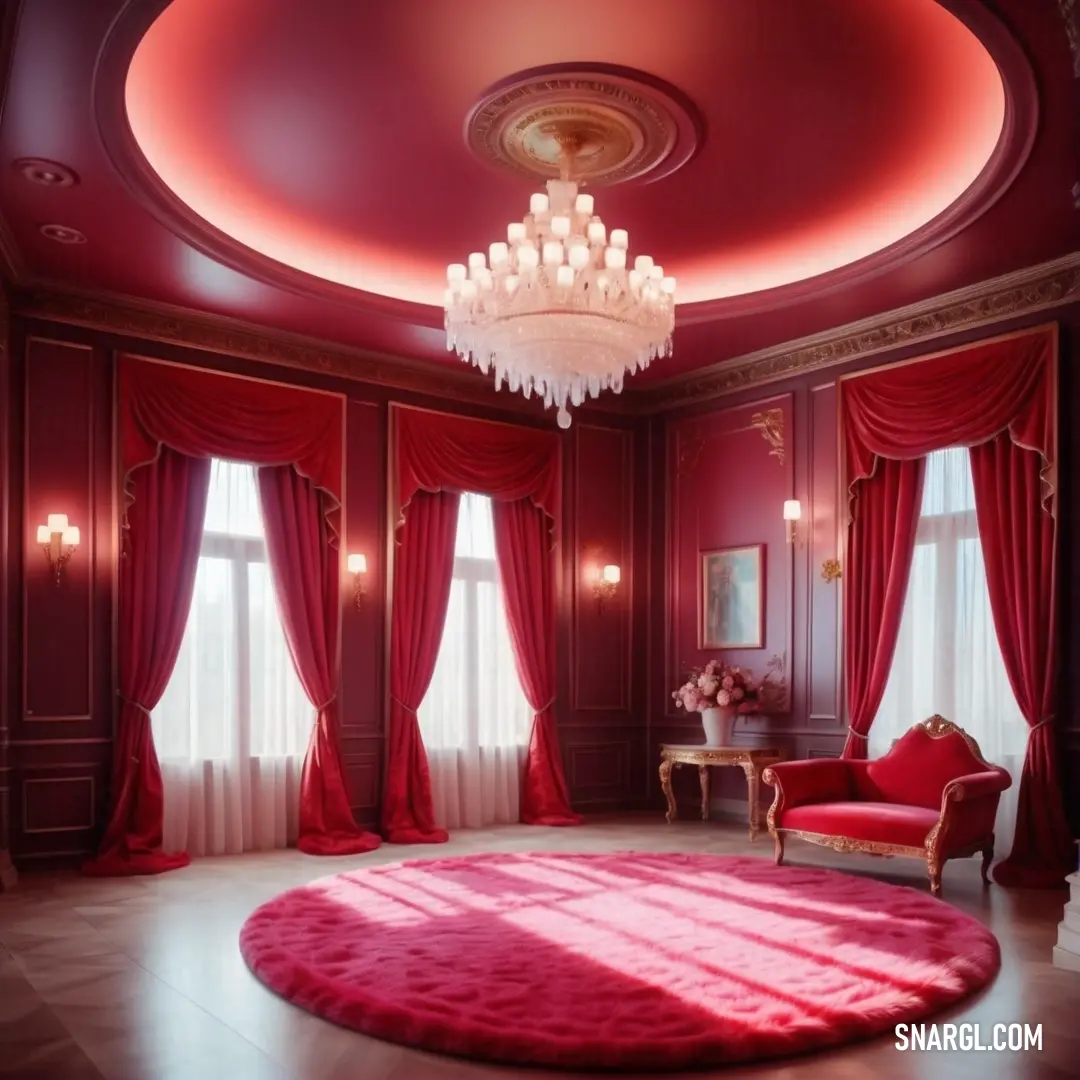 Red room with a chandelier and a red chair in it and a red rug on the floor. Example of NCS S 3560-R color.
