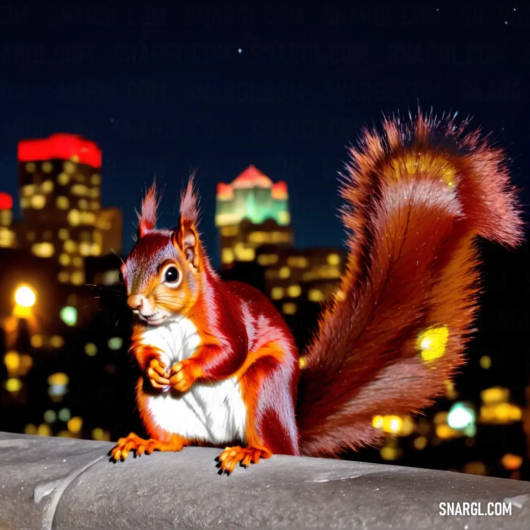 Squirrel is on a ledge with a city in the background. Example of NCS S 3560-R color.
