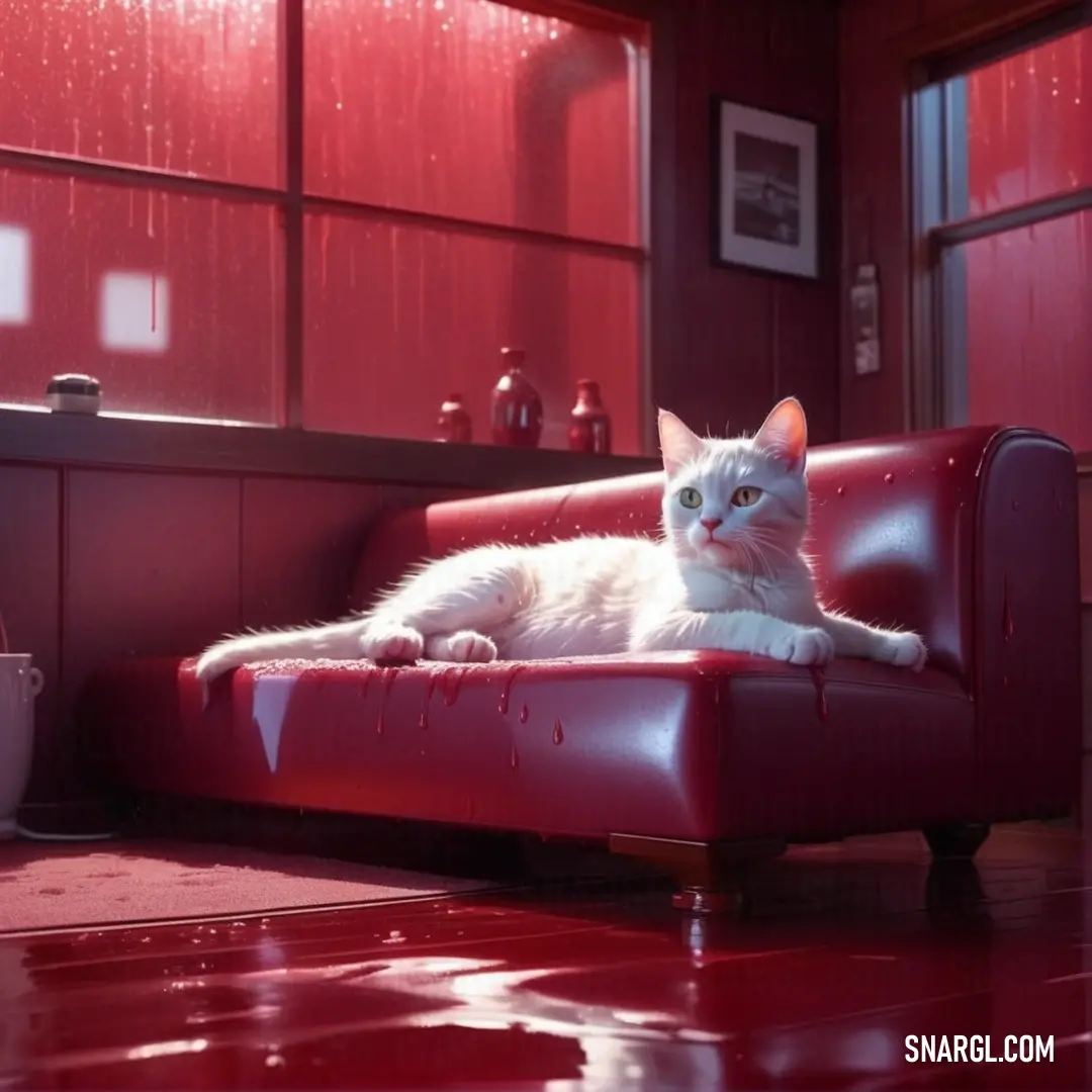 White cat laying on a red couch in a room with red walls and a red floor and a red wall. Example of NCS S 3560-R color.