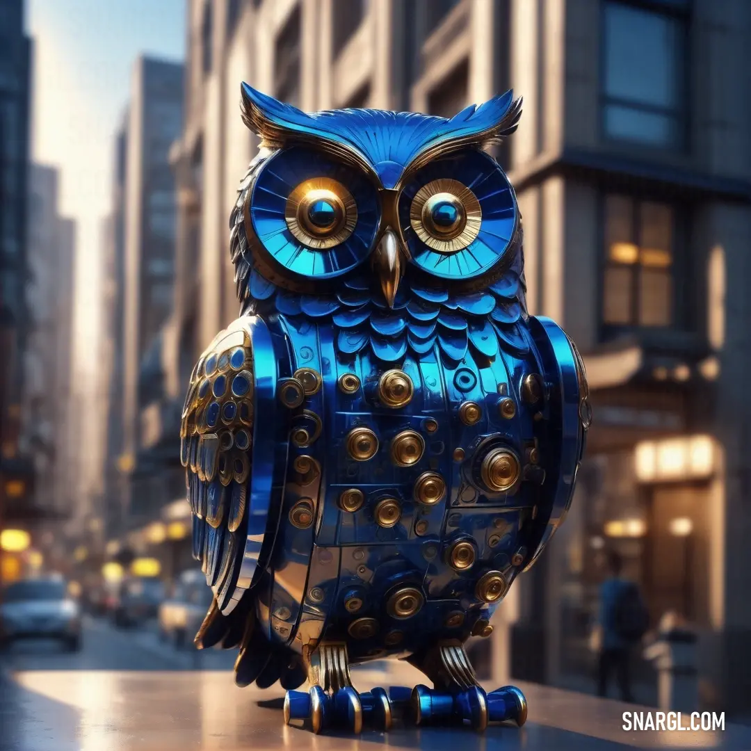 NCS S 3560-R80B color. Blue owl statue on top of a wooden table in a city street at night time with a person walking by