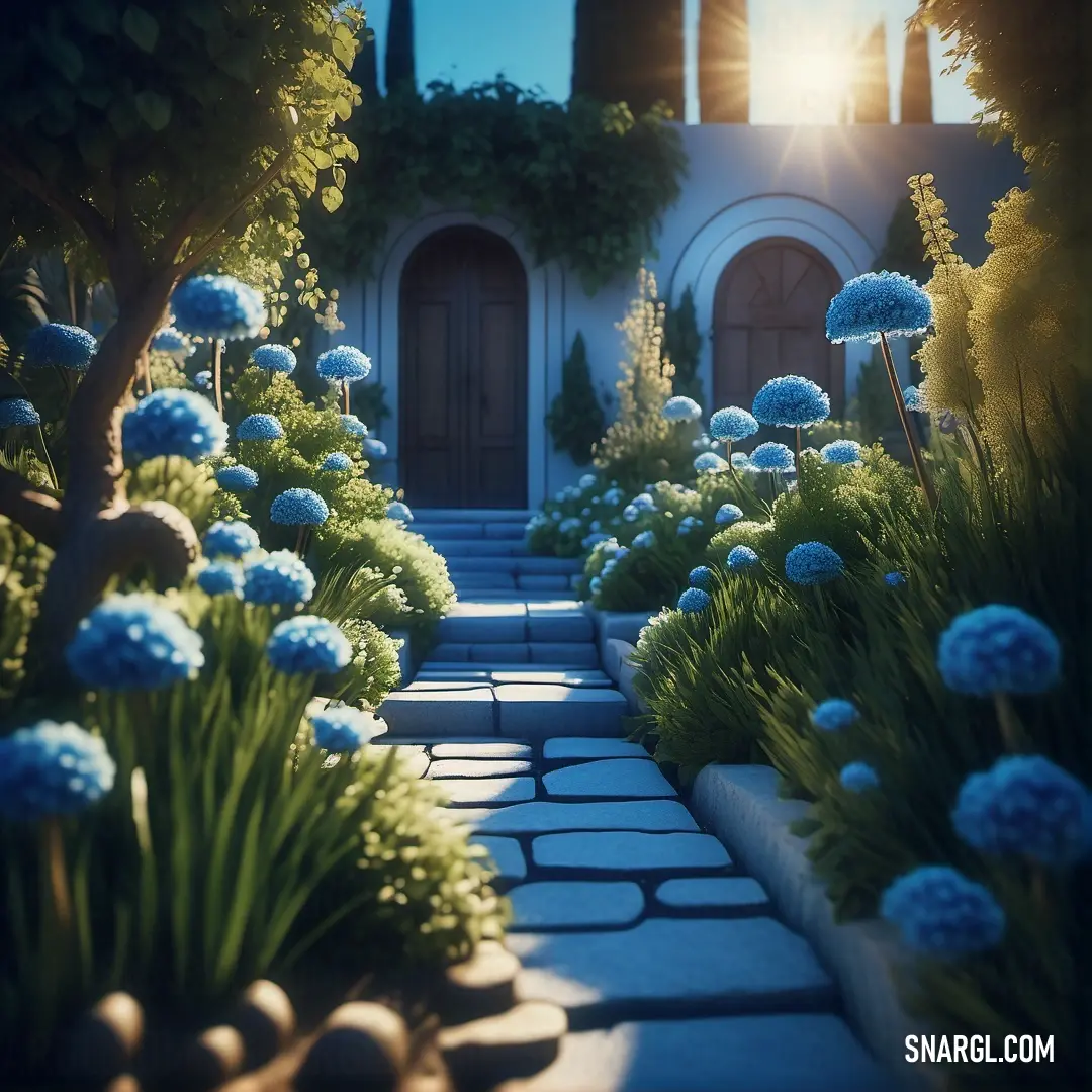 Garden with blue flowers and a white building in the background. Color #103D82.