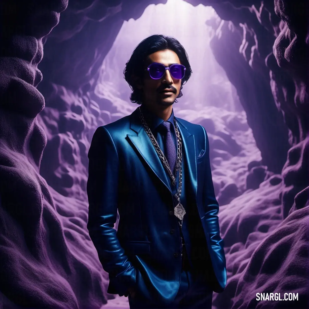 Man in a blue suit and sunglasses standing in a cave with a purple light coming from the ceiling. Color CMYK 100,80,0,20.