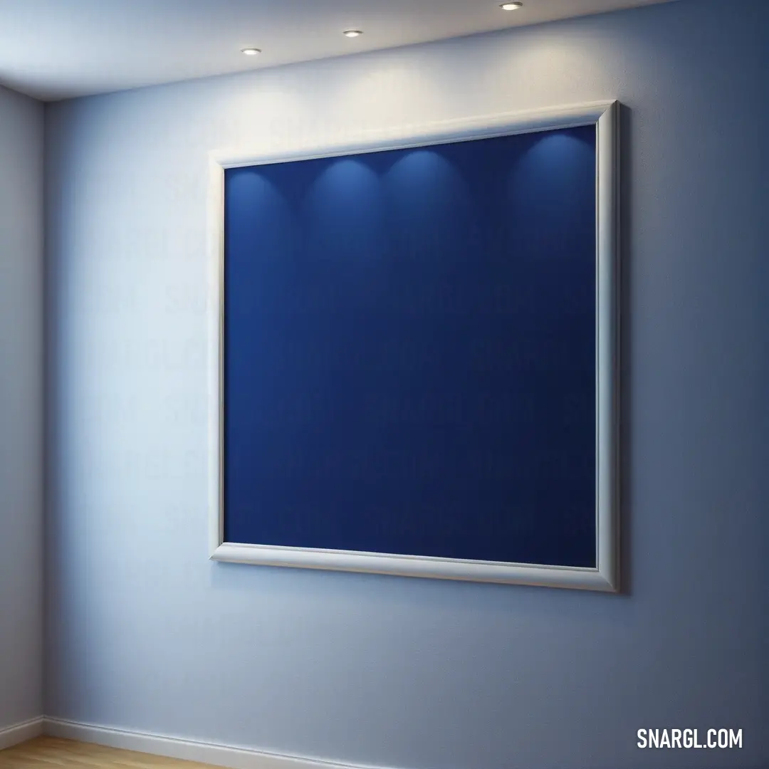 Blue wall with a white frame and lights on it and a wooden floor in front of it. Color NCS S 3560-R80B.