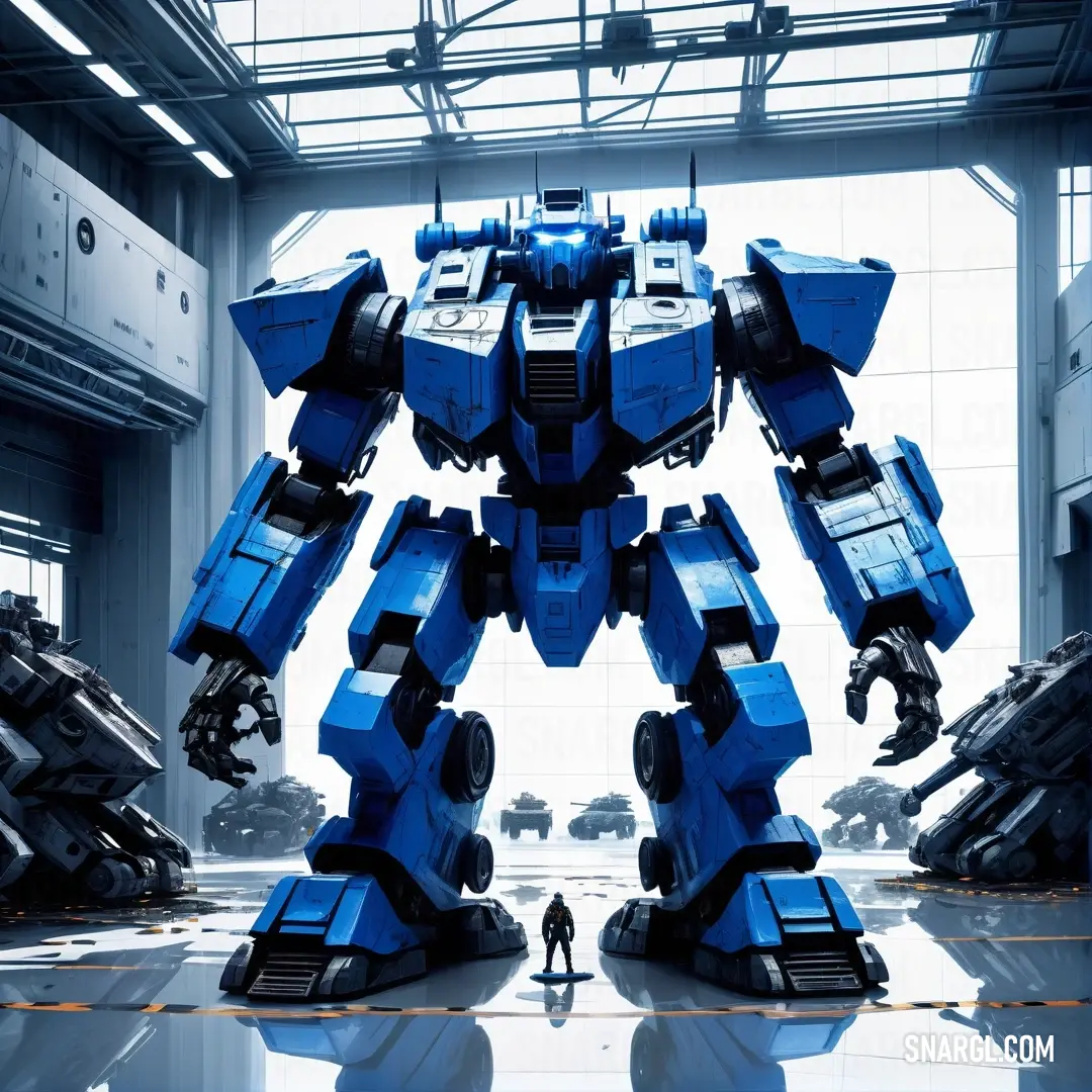 Giant robot standing in a large building with a man standing next to it in front of it. Example of RGB 16,61,130 color.