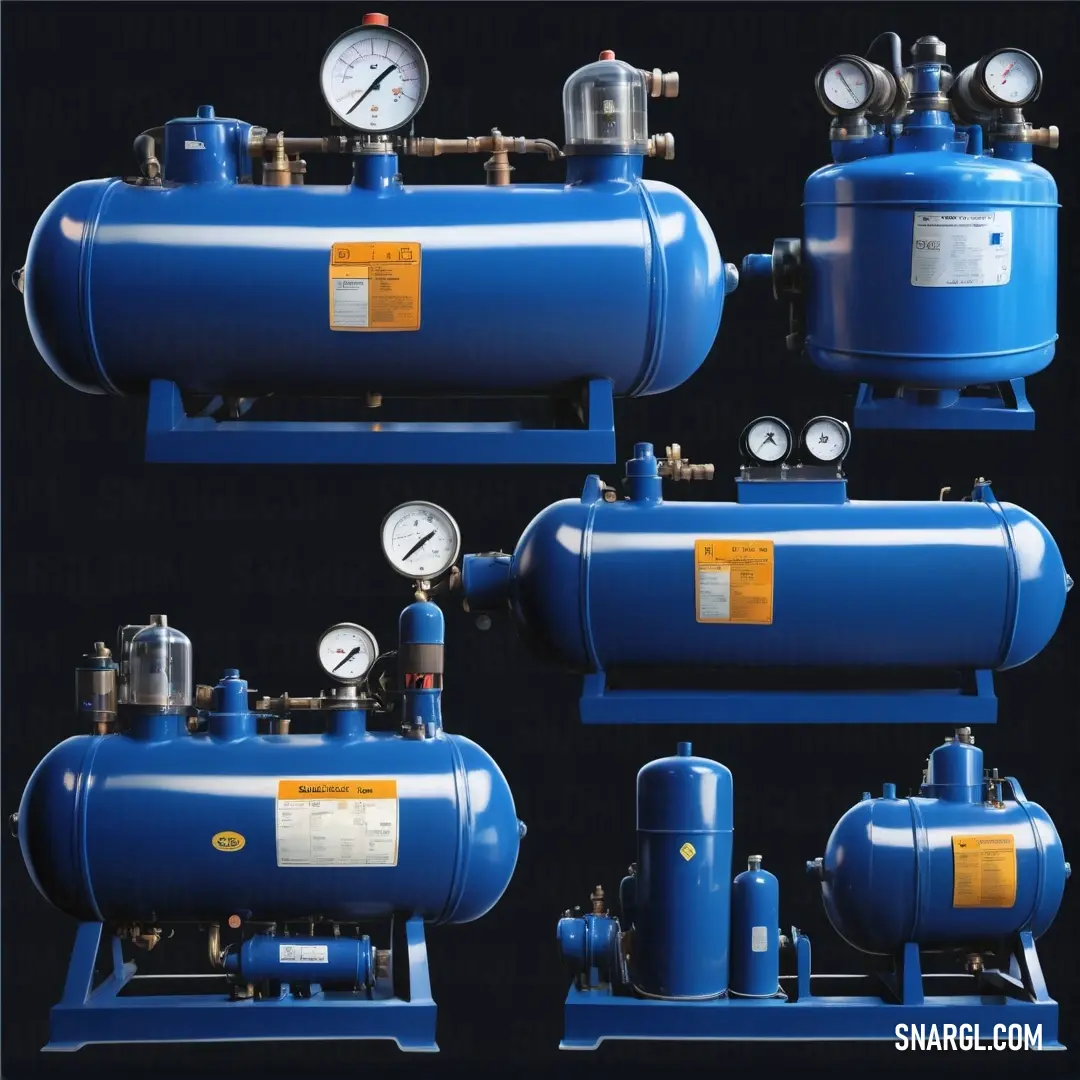Series of blue water tanks with gauges and valves on them and a pressure gauge on the side. Example of NCS S 3560-R80B color.