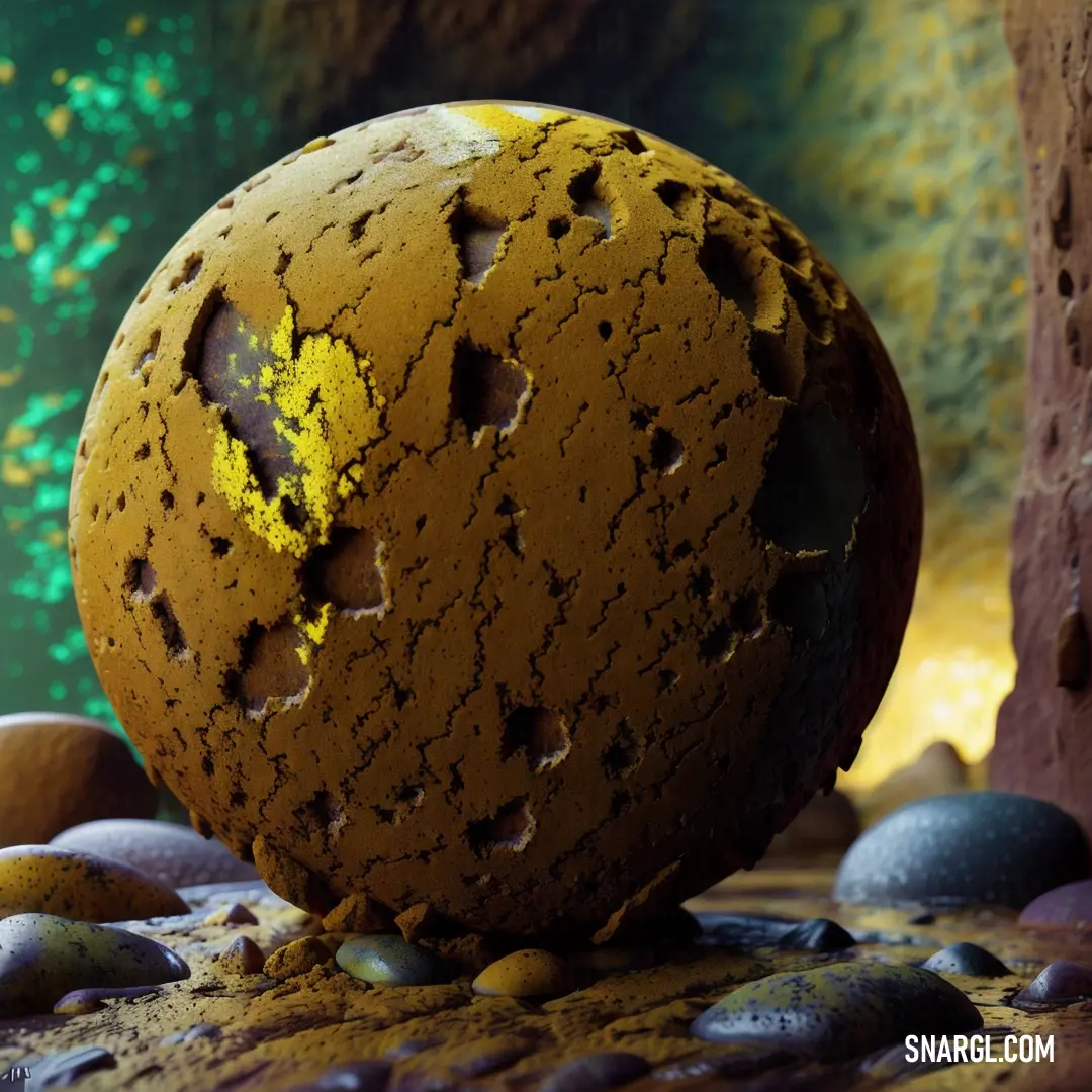 CMYK 0,28,100,43 example: Ball that is on some rocks and rocks in the dirt and water with a green background and a yellow spot
