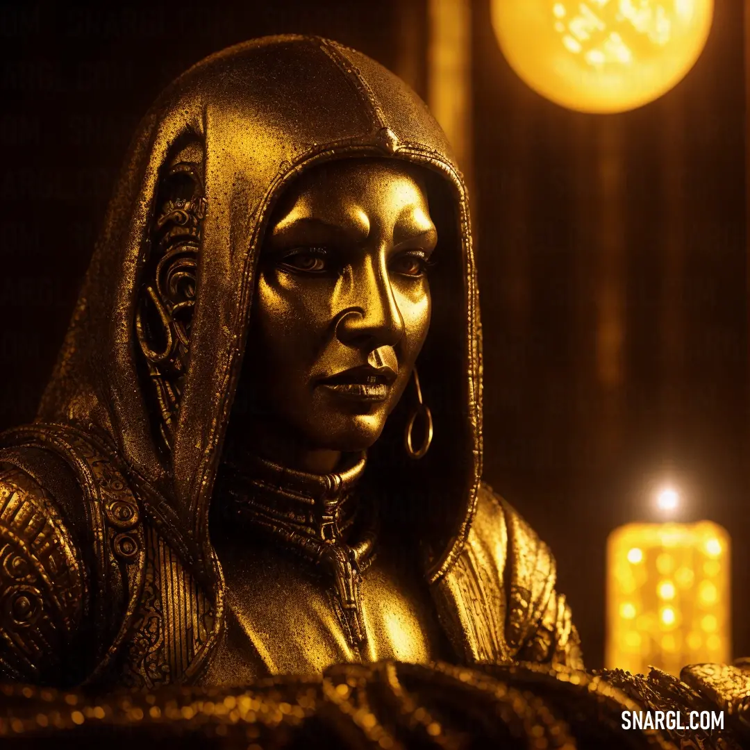 NCS S 3560-Y20R color example: Statue of a woman in a gold outfit with a candle in the background