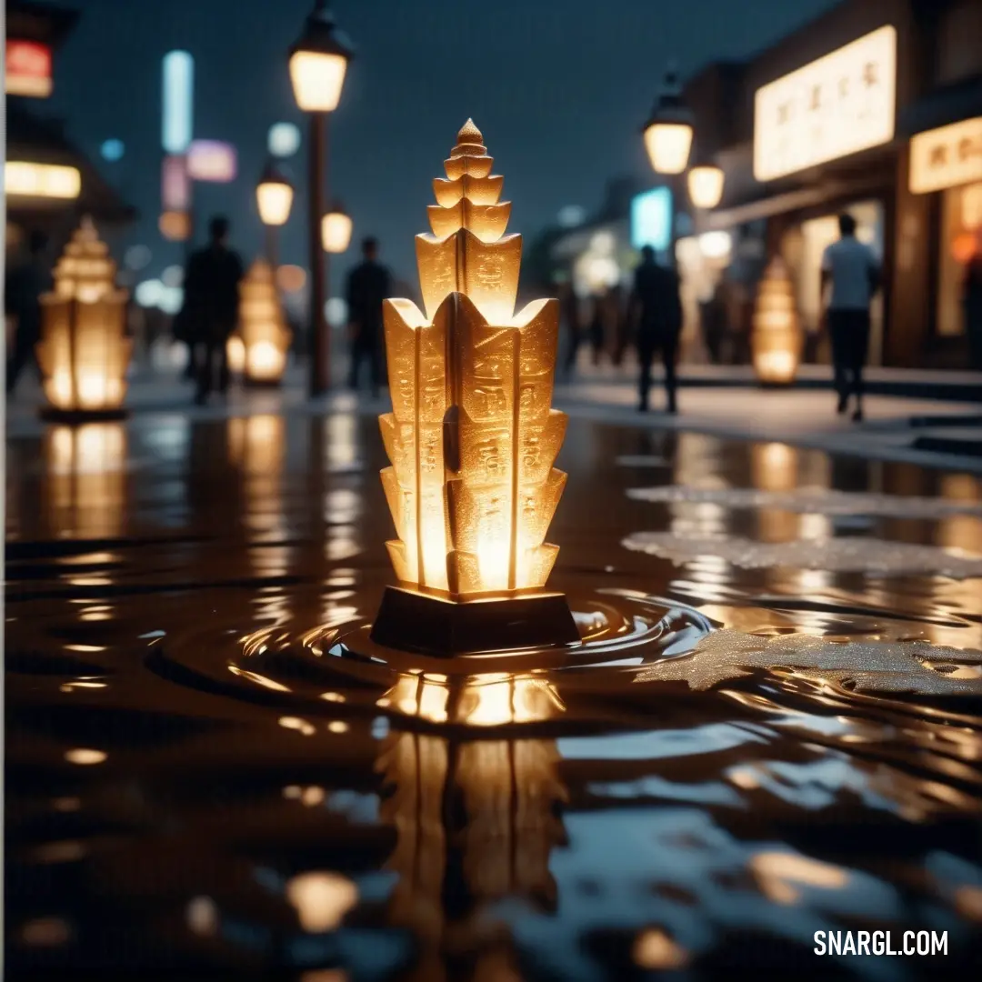 Street with a fountain with a lit up fountain in the middle of it and people walking around it. Color #A45D00.