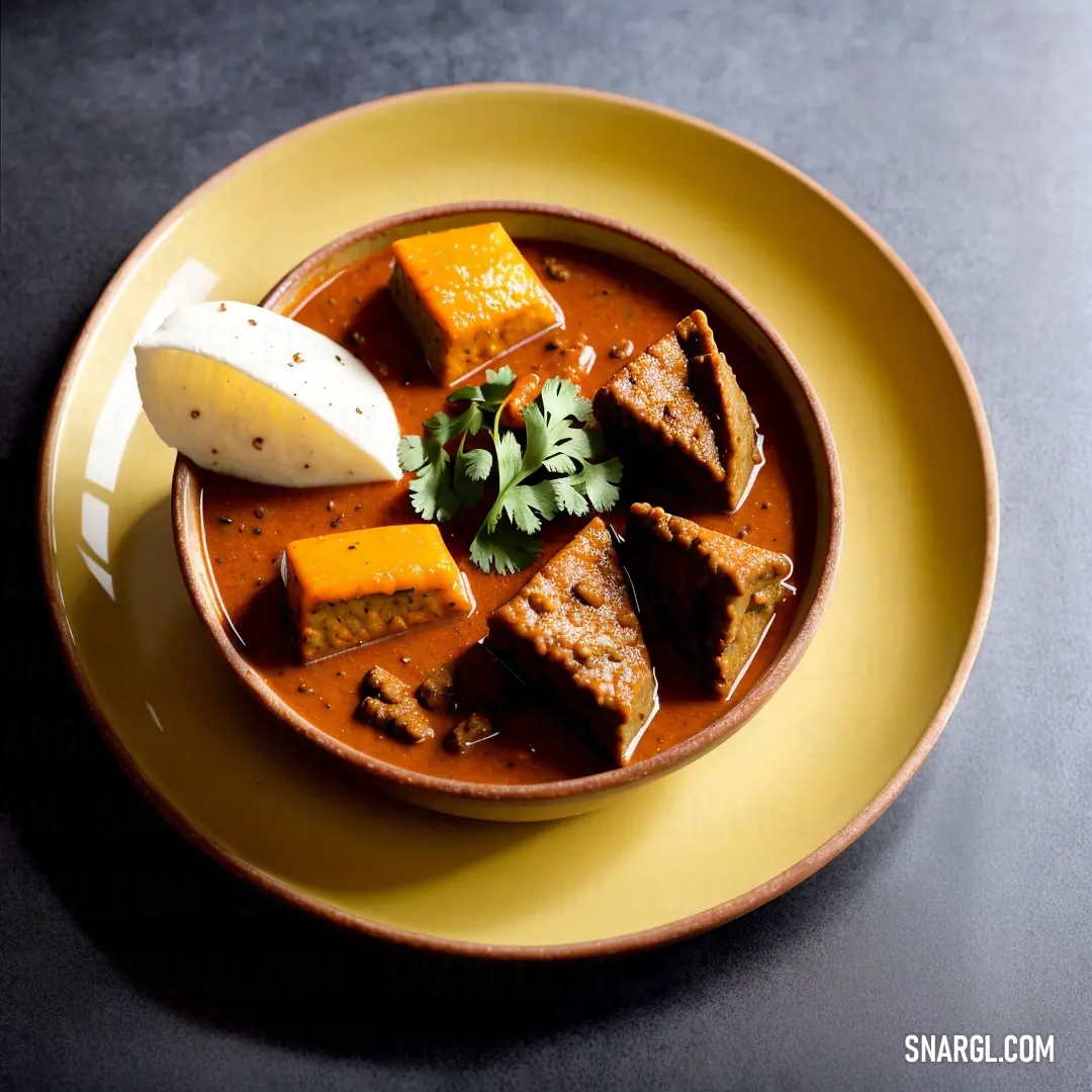 Bowl of soup with meat and vegetables on a yellow plate with a spoon on the side of the bowl. Color CMYK 0,60,100,35.