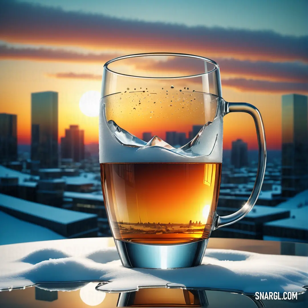 Glass of tea on a table with a view of a city in the background. Color NCS S 3560-Y30R.