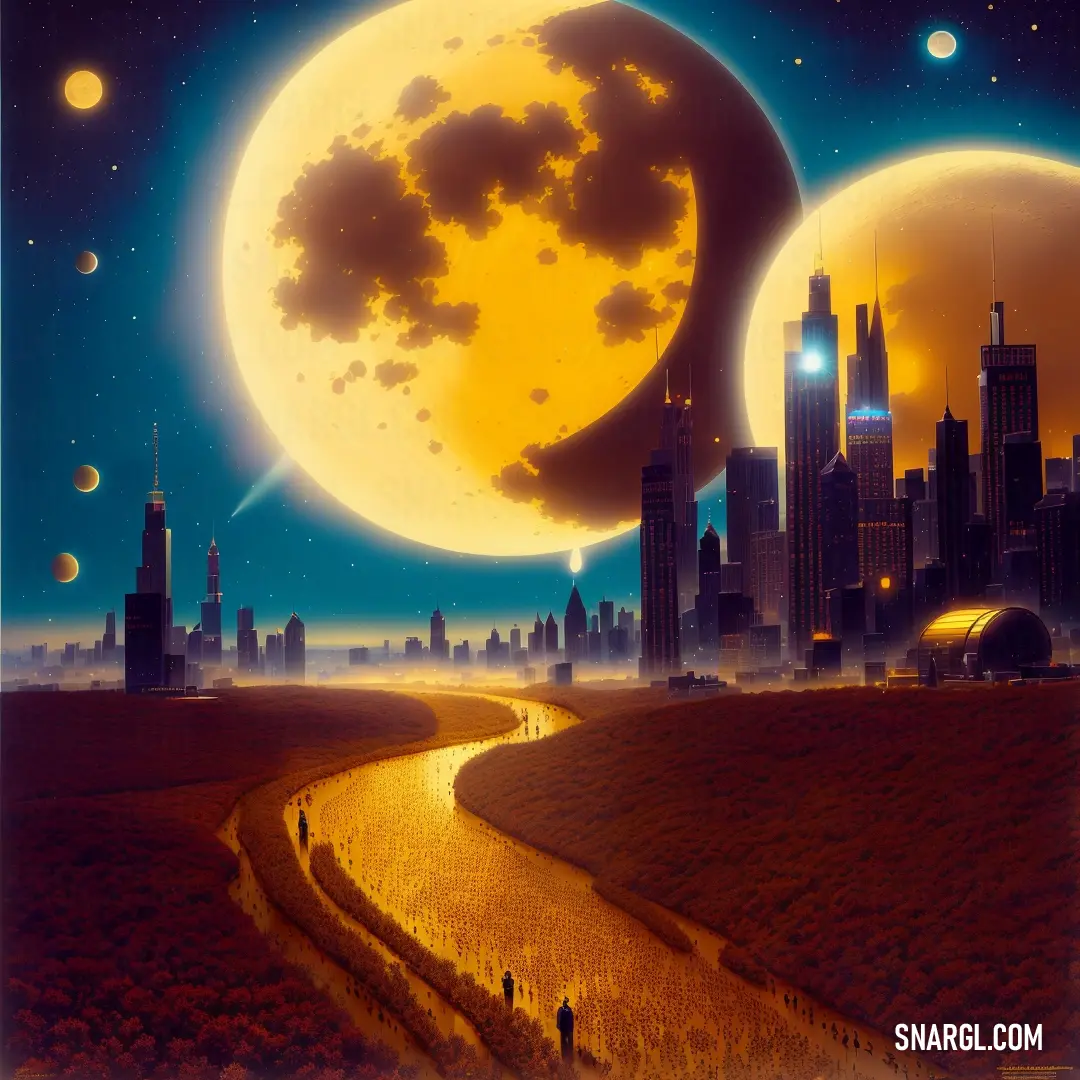 Painting of a city with a yellow moon in the sky and a yellow river running through it. Example of RGB 166,82,0 color.