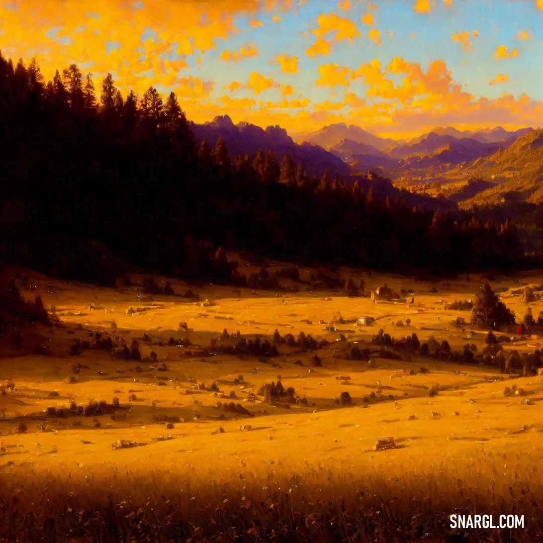 Painting of a mountain valley with a sunset in the background. Example of NCS S 3560-Y30R color.