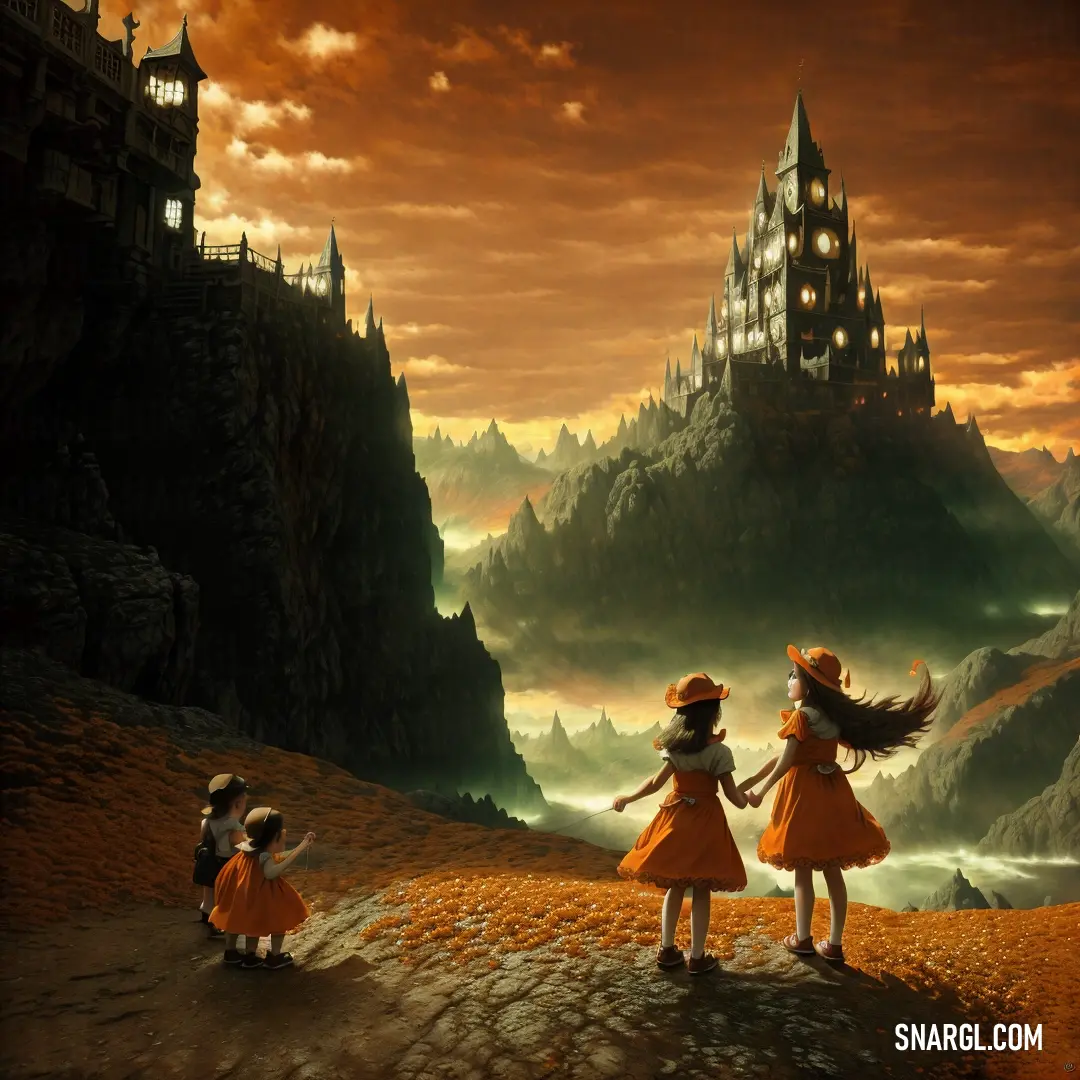 NCS S 3560-Y30R color. Two little girls standing on a hill with a castle in the background