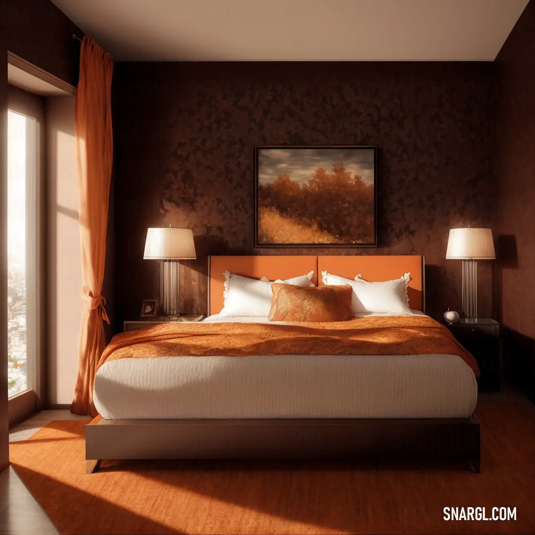 Bed with a large orange blanket and two lamps on either side of it. Example of CMYK 0,70,100,35 color.