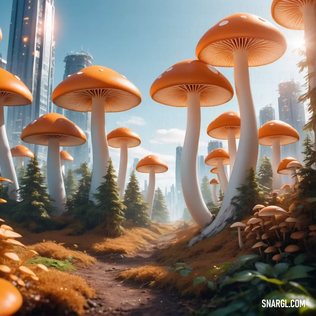 Group of mushrooms that are in the grass near a road and buildings in the background. Example of CMYK 0,70,100,35 color.