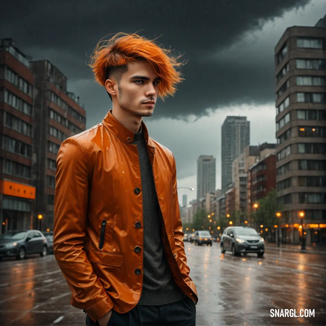 NCS S 3560-Y40R color example: Man with red hair standing in the rain in a city street with cars and buildings in the background
