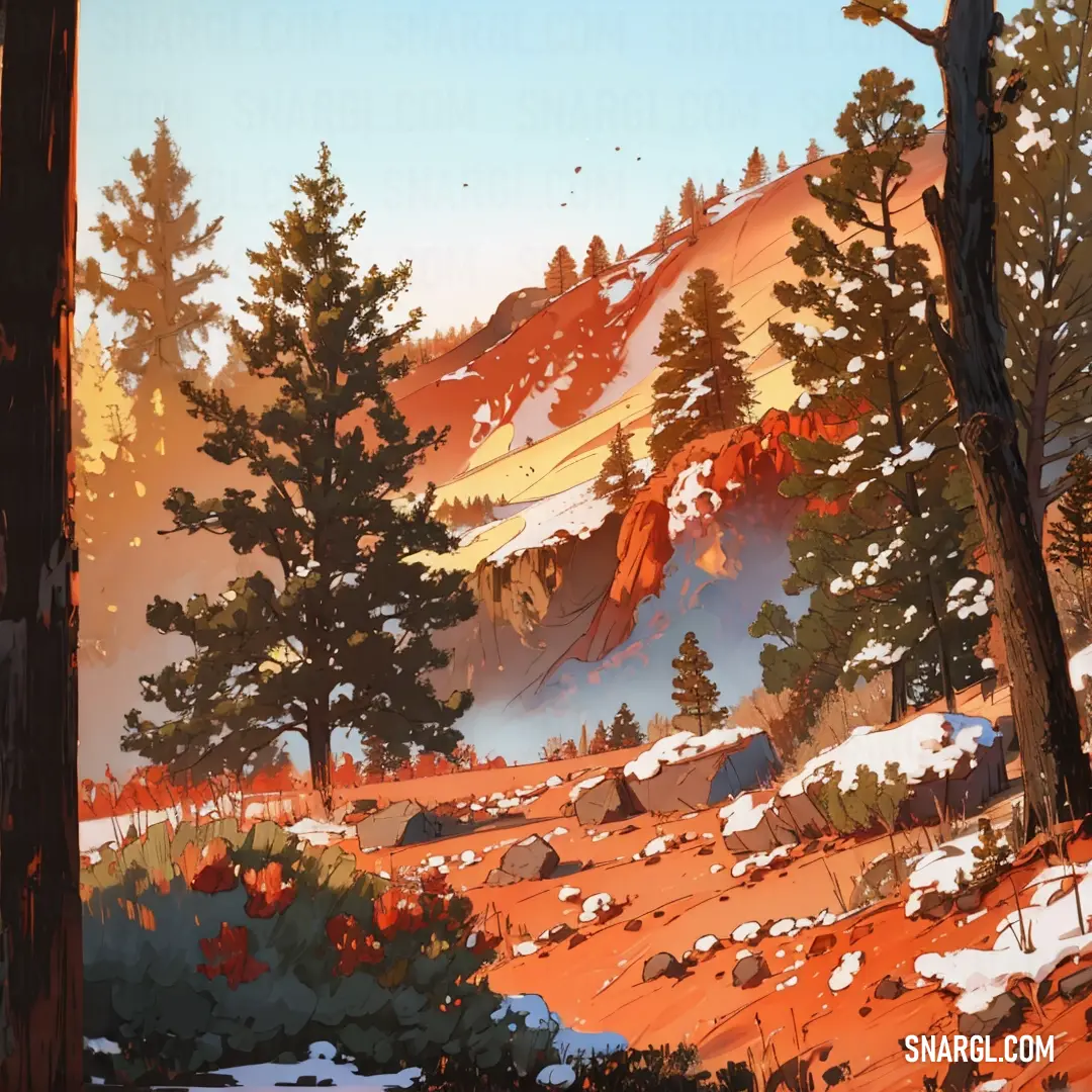 Painting of a mountain landscape with trees and snow on the ground and a bird flying over the mountain. Example of #A34000 color.